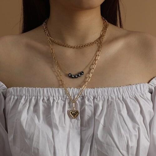 3Pcs/Set Womens Fashion Gold Color Metal Long Chain Necklaces Heart Pendants For Women Trendy Letter Angel Necklace Jewelry