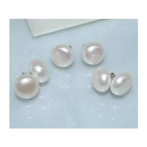 Free shipping>>>>noble jewelry Wholesale 3 pairs 14-13 mm white half round FW pearl stud 925S earring