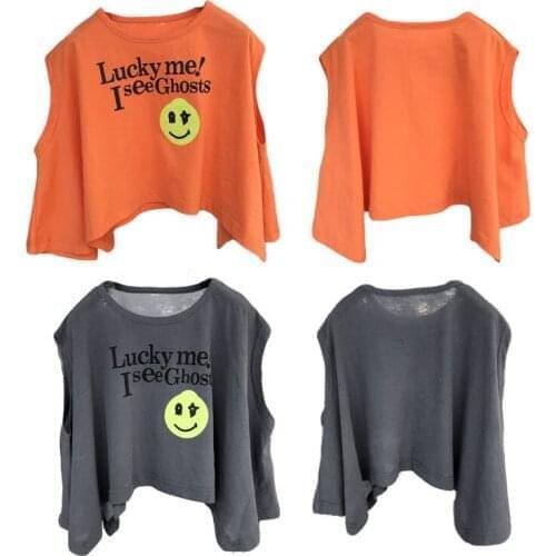 DFXD Big Girls Clothes Summer Cotton Loose Sleeveless Letter T-shirt Fashion Smile Face Korean Girls Bat Shirts Baby Tops 3-16T