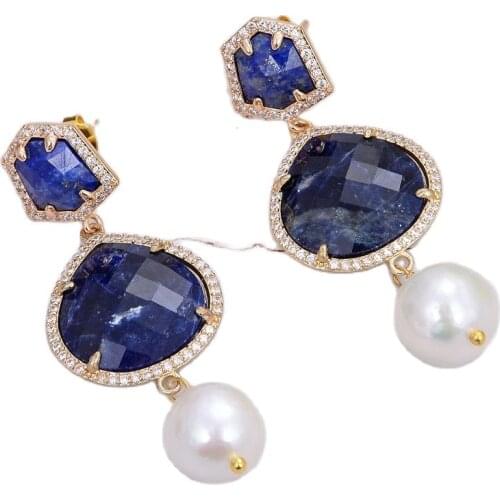 GG Jewelry Natural Gems Blue Peach Sodalite White Keshi Pearl Dangle CZ Paved Lapis Lazuli Stud Earrings Trendy For Women