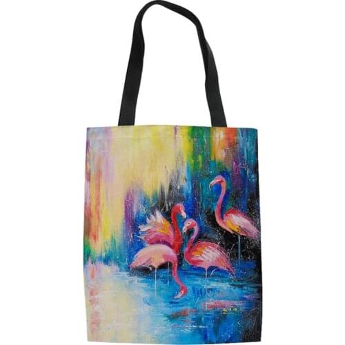 HaoYun Women Linen Bags Art Sunset Flamingo Prints Pattern Girls Handbag Fashion Shopping Bag Ladies Cool Animal Canvas Bags