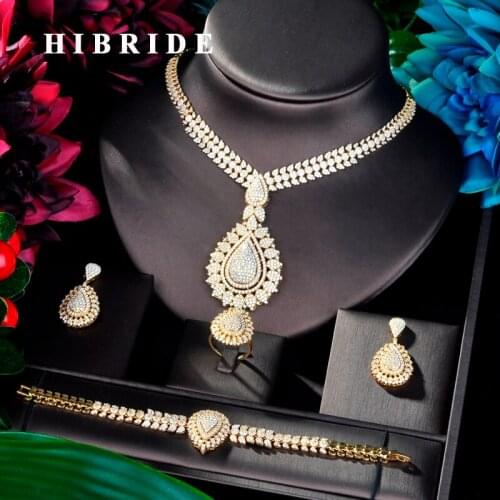 HIBRIDE Unique Design Gold Color Cubic Zircon Women 4 pcs Jewelry Set Dress Necklace Earring Jewelry Set For Party Gits N-878