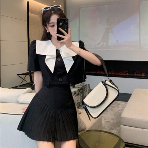 Korean Fashion Short Sleeve Suit Top Pointed Collar High Waist Pleated Skirt 2 Piece Sets Ensemble Femme Survetement Skirt Set