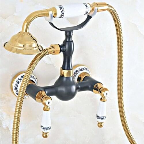 Black & Gold Brass Shower Faucets Set Wall Mounted Bath Shower Faucets Mixer Tap With Hand Sprayer Shower Head Kna428