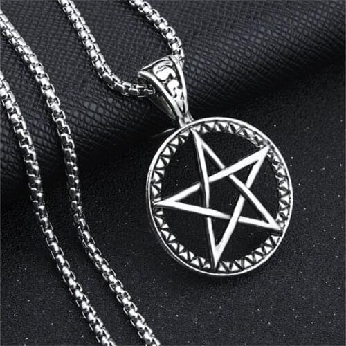 New Five-pointed Star Stainless Steel Chain Necklace For Men Gothic Round Pentagram Hollow Star Pendant Male Jewelry Wholesale