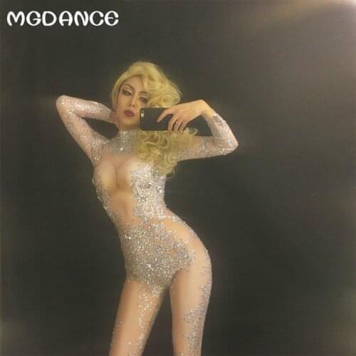 New Women Sexy Silver Flower Pattern Jumpsuit Full Sparkling Crystals leotard Bling Clothing Nightclub Party Singer Costume