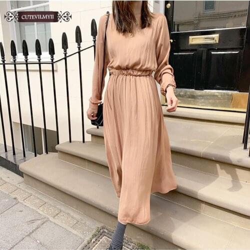 Solid color dress Korea Japanese Style Women Fashion Long Sleeve Slim Elastic Date Temperament Long Vintage Dress