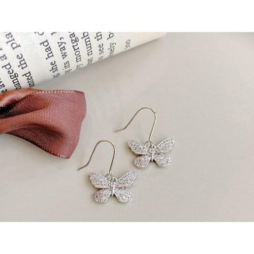 Origin Summer Korean Full Spark Rhinestones Butterfly Dangle Earrings for Women Girls Silver Color Hanging Earrings Jewelry