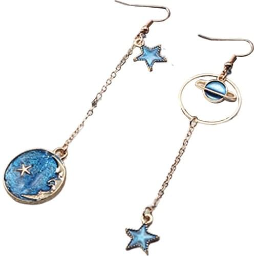 Mode Blauwe Ruimte Universe Moon Star Oorbellen Voor Vrouwen Goud Kleur Universe Planeet Cirkel Asymmetrie Lange Oorbellen