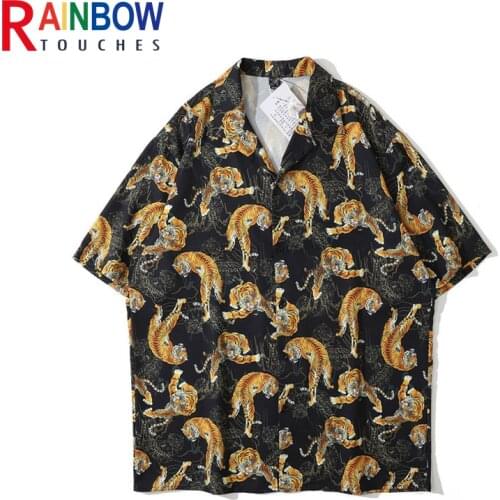 Rainbowtouches Men Shirts High Street Retro Tiger Digital Printing Cuban Collar Hawaii Loose T-shirts 100% Polyester