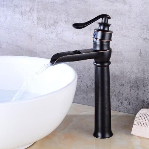Basin Faucets Black Bath High Brass Taps Bathroom Sink Waterfall Faucet Tall Single Hole Oil Rubbed Bronze Hot Cold Mixer Taps
