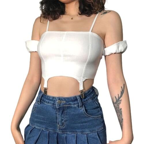 Womens Sexy Off Shoulder Camisole, Cute Spaghetti Strap Solid Color Crop Cami Tops with Clasps