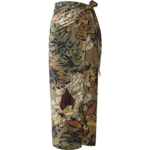 Sexy Flower Leaves Print Bow Tie Sashes Wrap Skirt Vintage Women High Waist Slim Fit Mid-Calf Long Pencil Skirts