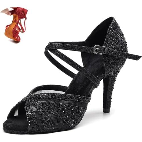 Women Rhinestone Latin Dance Shoes Black Red Soft Bottom Ballroom Salsa Dancing Shoes For Party Wedding For Girls Dance Sandals