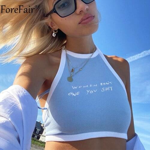Forefair Blue Halter Neck Y2k Crop Top 2021 Summer Backless Sleeveless Bandage Ribber Casual Fashion Women Sexy Tank Tops