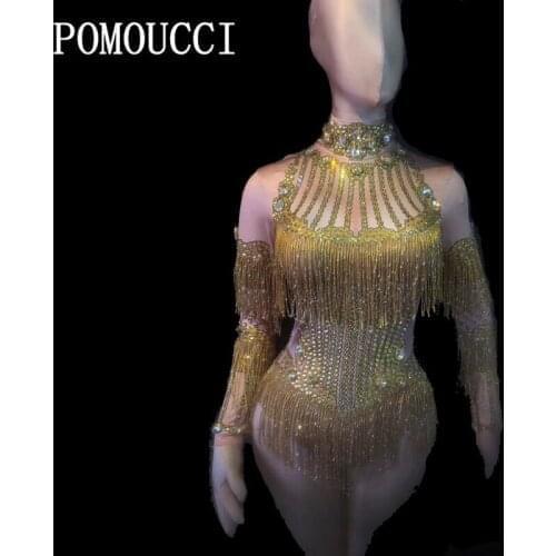 Women New Sparkly Crystals Stretch Fringes Sexy Bodysuit Evening Celebrate Tassel Costume Outfit Singer Dance Stage Show Wear