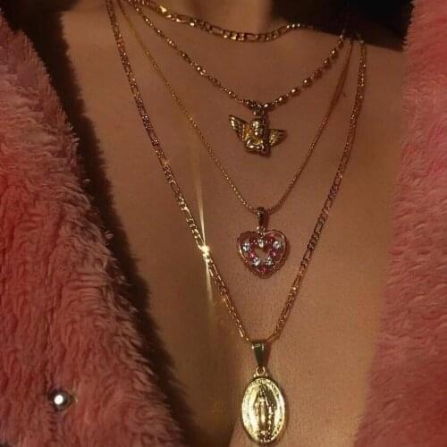 Women Necklaces Angel Shiny Pink Crystal Heart Virgin Mary Pendant Chain Multilayer Necklace Set Personality Jewelry