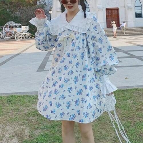 Elegant Floral Evening Party Mini Dresses Women Print Blue Casual Korean Fashion Dress Bubble Sleeve Sweet Cute Princess Dress