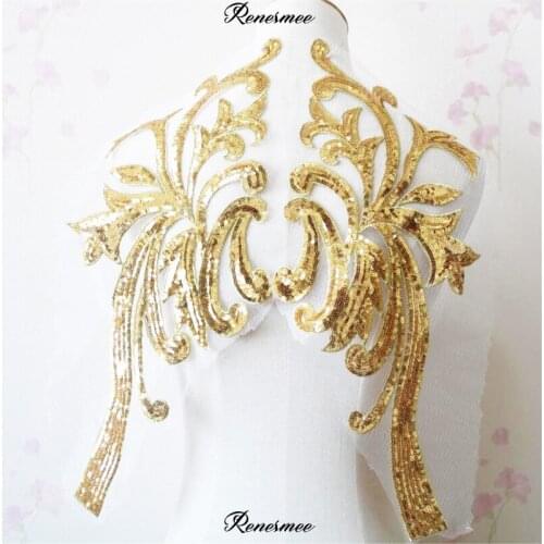 2Mirror Pairs Sequins and Beads Polyester Gold Lace Cloth Sticker Applique Exquisite Lace Patch Embroidery DIY Accessories