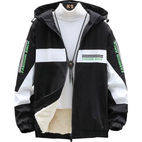 Winter Male Plush Thicken Streetwear Jacket Casual Mens Warm Outwear Patchwork Print Letters Hoodies Slim Windbreaker Coat