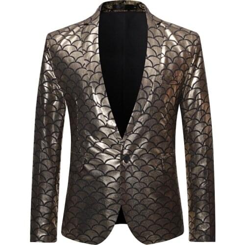 Shiny Gold Foil Print One Button Blazer Men 2021 Brand Slim Fit Mens Suit Blazer Jacket DJ Club Party Stage Clothes for Singers
