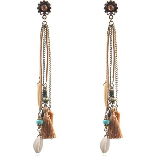 Bohemia Long Tassel Women Drop Earrings Natural Shell Charm Cotton Summer Beach Hanging Earring Fashion Party Ear Jewelry