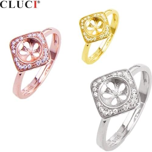 CLUCI 925 Sterling Silver Square Ring Women Pearl Ring Mounting Jewelry Adjustable Geometric Zircon Rings SR2186SB