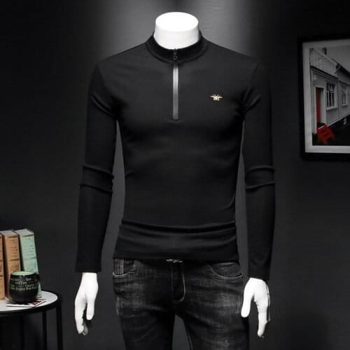 Designer Mens T-shirt Brand 2020 Autumn Winter Zipper Half Turtleneck Collar Embroidery Long Sleeve Plus velvet Shirts C28