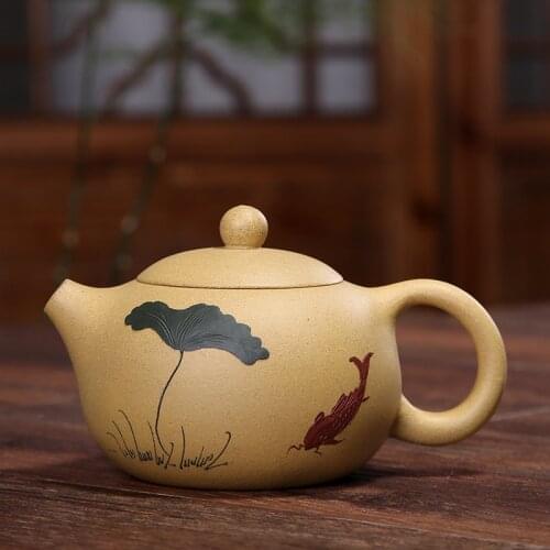 Clay teapot lotus leaf fish clay painting Yixing original mine teapot wholesale factory gift custom lettering logo