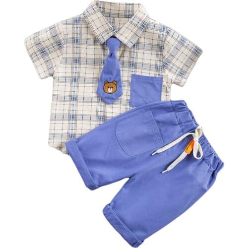 Summer Little Boys Gentleman Clothes Sets Cartoon Bear Plaid Printing Short Sleeve Lapel Tie Top + Solid Color Short Trousers
