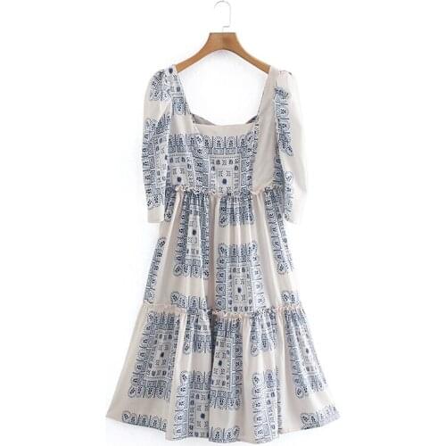 Hot-selling ladies floral print dress square neck ethnic style vintage dress fashionable girl dress