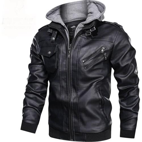 Mcikkny Fashion Mens Motor Pu Leather Jackets And Coats With Detachable Hat Biker Faux Leather Jackets Outwear For Male Black