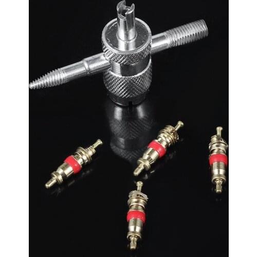 Car Bike 4 Way Tyre Valve Repair Standard Tire Remover Tool + 4 Stem Cores Kit