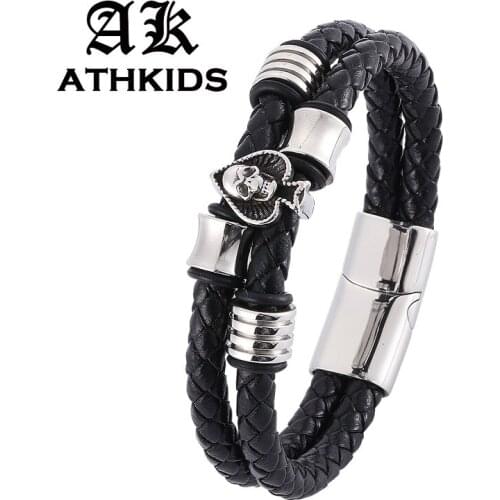Punk Woven Leather Bracelet Men Skull Stainless Steel Magnetic Buckle Double Layer Braided Bracelets Jewelry Gifts PD0339