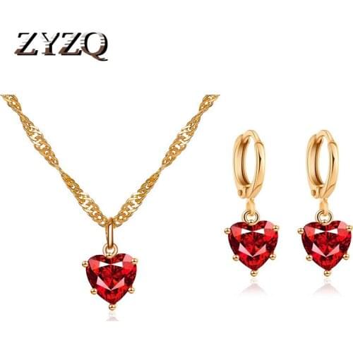 ZYZQ New Peach Heart Jewelry Set Classic Crystal Zircon Love Necklace Earrings Proposal Engagement Accessories