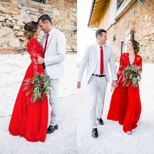 2020 New Design Red Wedding Dresses Custom Made V Neck Illusion Appliqued Long Sleeve Boho Floor Length A Line Lace Bridal Gowns