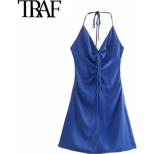 TRAF Women Fashion With Ties Pleated Cozy Mini Dress Vintage Backless Side Zipper Thin Straps Female Dresses Mujer