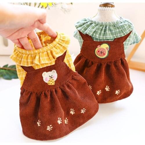 Cute Bear Dresses For Small Dogs Cat Plaid Clothes Soft Brown Skirt Fashion Avocado Cheese Pattern Summer Pet Puppy Dog Clothing