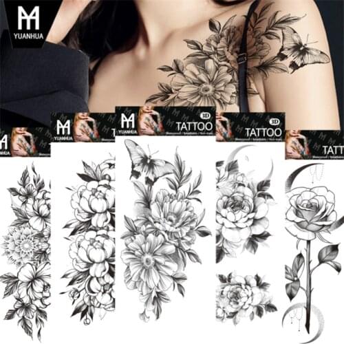 Sexy Flower Temporary Tattoos For Women Body Art Painting Arm Legs Tattoos Sticker Realistic Fake Black Rose Waterproof Tattoos