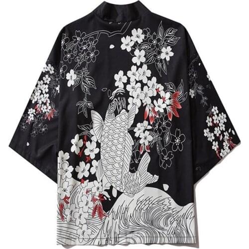Surplices Japanese Kimono Traditional Koi Popular Men Women Seven Sleeve Cloak Loose Coat Black Asian Clothes Yukata Cardigan
