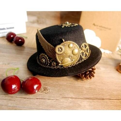 Unique Stunning Black Steampunk Mini Top Hat Gears Wing Chain Accessories Party Hats