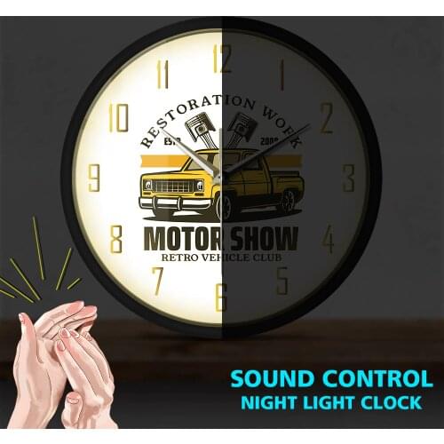 Restoration Work Yellow Automobile Car Wall Clock LED lLight Garage Tools Motor Show Retro Vehicle Club Sound Activated Watch