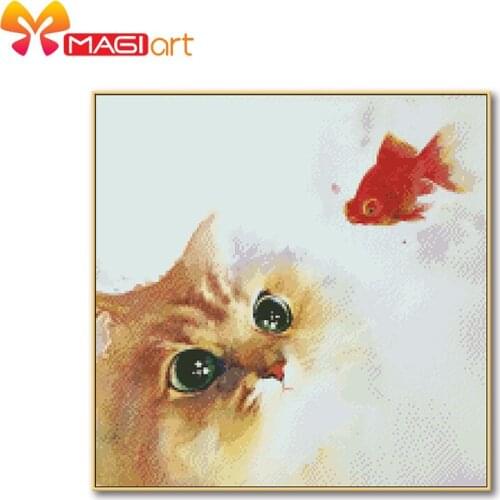 Cross stitch kits Embroidery needlework sets 11CT water soluble canvas patterns 14CT Animal Style cat and fish-NCMA076