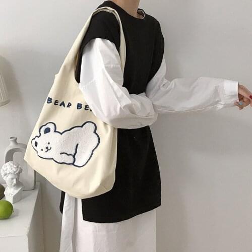 Women Cute Bear Shoulder Bag Simple Canvas Handbag Tote New Embroidery Design Books Bags Cloth Fabric Shopping Bag For Ladies