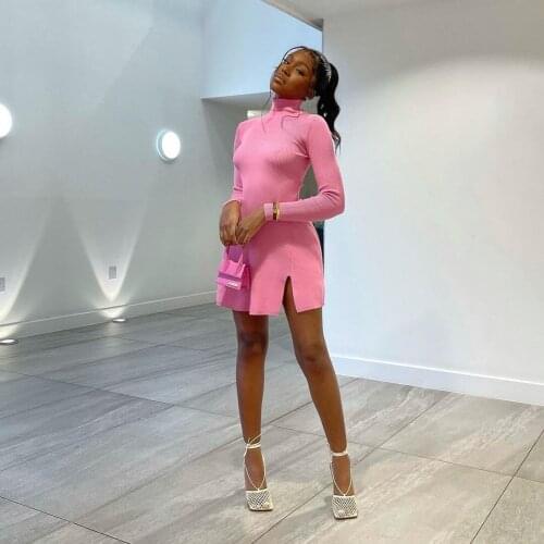 SKMY Women Clothing Solid Color Pink Black Mini Dress Turtleneck Long Sleeve Casual Dress With Split Hem Sexy Party Clubwear
