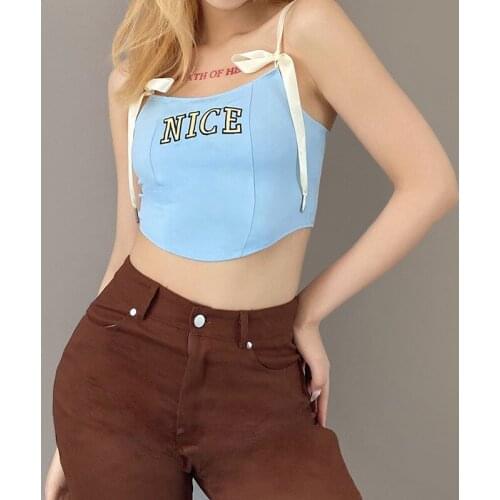 Female Sexy Crop Top Streetwear Womens Tops Irregular Hem Camisole Sleeveless Lace Up Shoulder Lettering Printed Vest