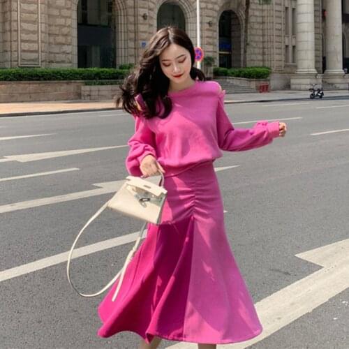 Fashion Mermaid Skirt Patchwork Women 2 Piece Sets Long Sleeve Off Shoulder Outfits Zip Casual Solid Top and Skirt Matching Set