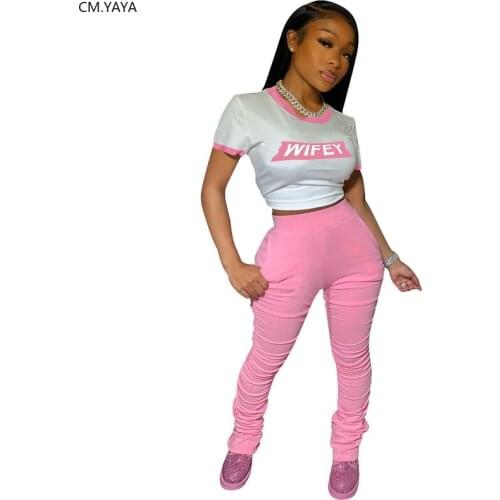 CM.YAYA Autumn Womens Set Short Sleeve Wifey Letter Tops Stacked Pants Suit Active Wear Tracksuit Two Piece Set Fitness Outfit