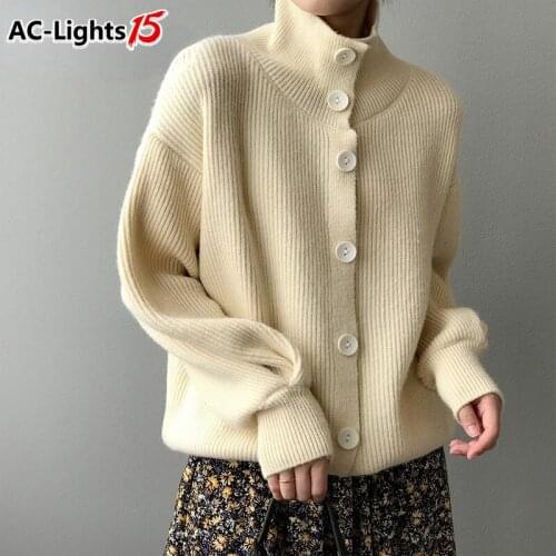 Knitted Cardigan for Women 2021 Single Button Up Autumn Winter Brown Sweater High Fashion Tricot Turtleneck Coats Female Tops