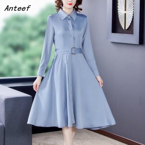 Anteef long sleeve satin vintage dresses for women casual loose midi woman spring autumn shirt dress elegant clothes 2021